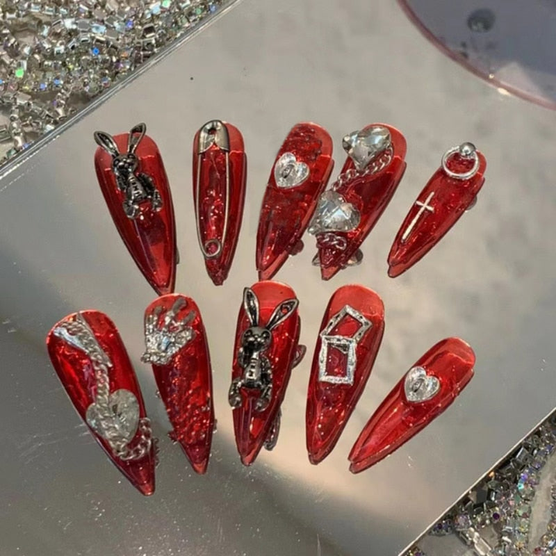 Handmade Y2K Punk Style Long Coffin False Nails Tips Glitter Rhinestone Press On Nails Reusable Short Fake Nail With Glue Gift