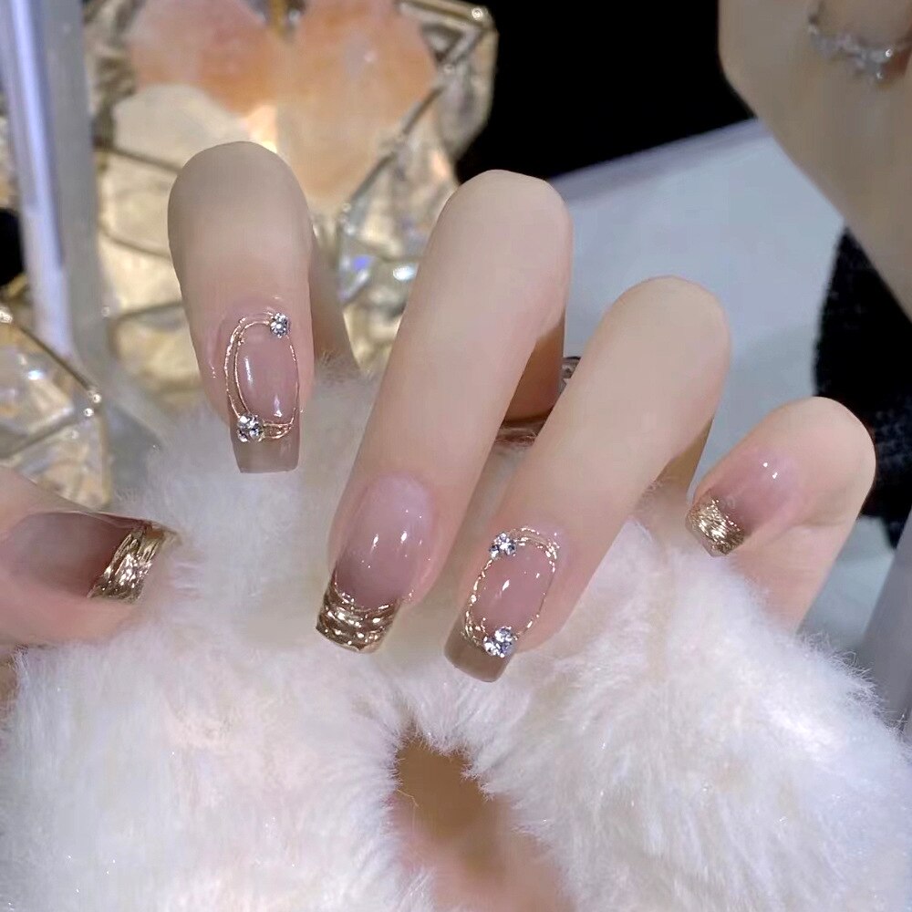 24pcs Bridal Nail Art tips with design press on nails long false nails glue coffin nail tips Rhinestones Glitter stick on nails