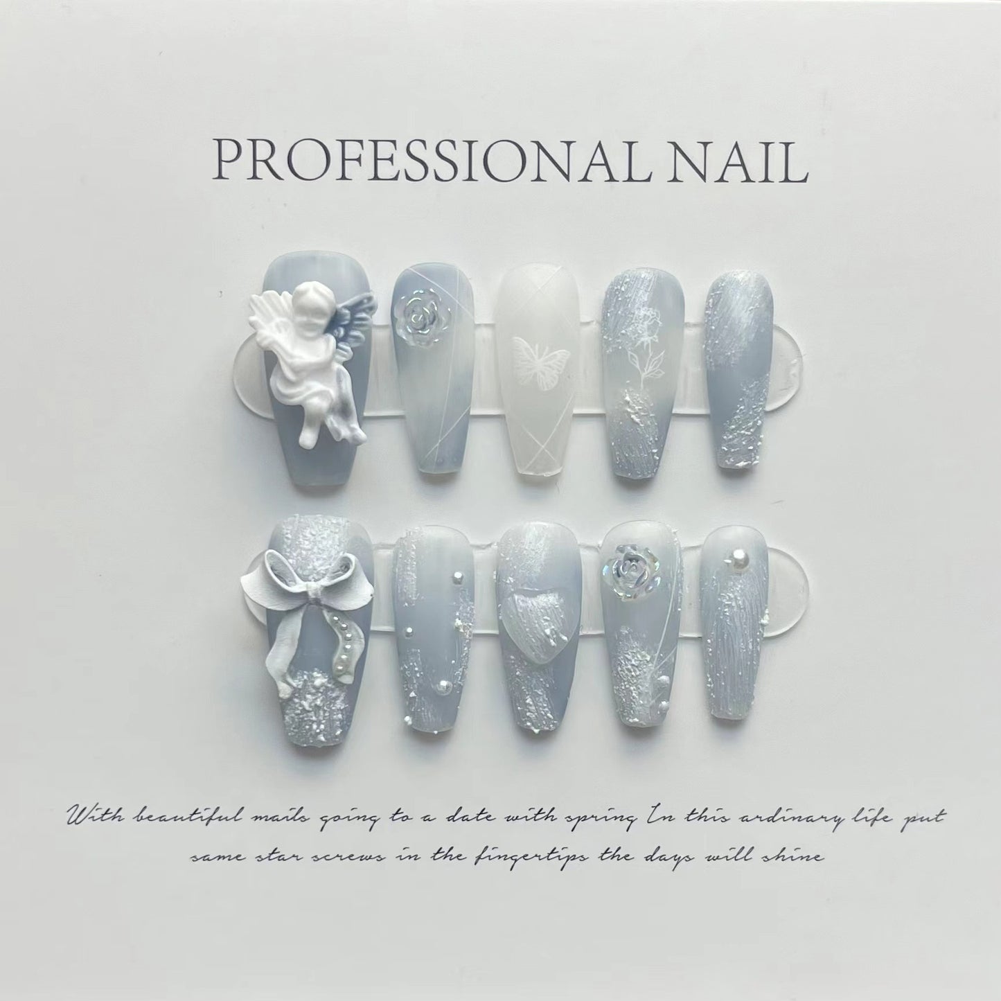 10Pcs Blue Handmade Press On Nails Set Ballet Wearable Artificial False Nails Decoration Nail Art Manicure Fake Nails Tips