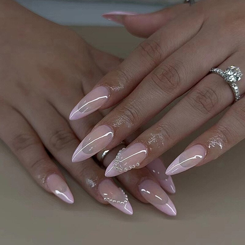 24Pcs Pink Round Head Almond Fake Nails with Heart Shape Rhinestone Wearable Ballerina False Nail Tips Full Cover Press on Nail