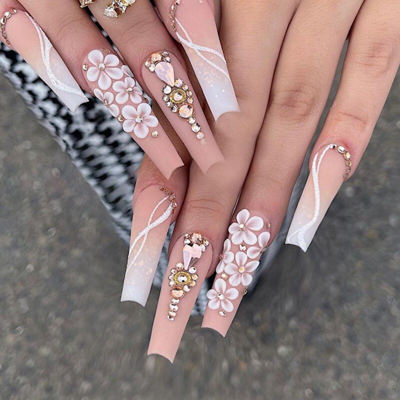 24Pcs Full Cover False Nails with Glue Long Square Coffin Fake Nails French Detachable Ballet Love Pattern Design Press on Nails