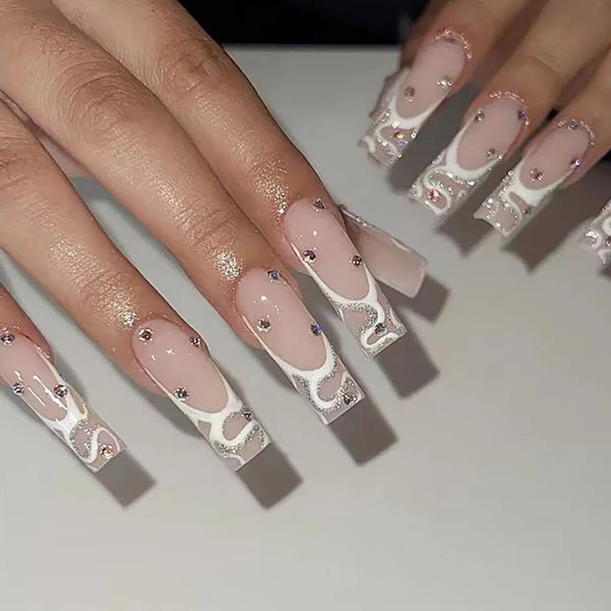 24Pcs Long Coffin White French False Nails Ballerina with Rhinestones Wearable Fake Nails Art Full Cover Press On Nails Tips