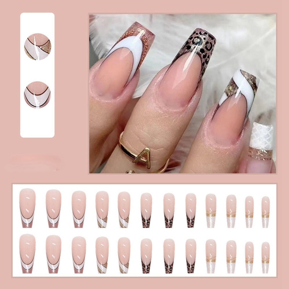 24Pcs Long Coffin False Nails Gold Glitter Sequins Designs Press On Full Cover Fake Nails Tips Wearable Manicure Art