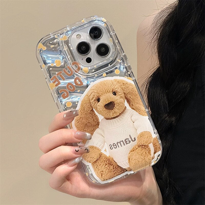 Kawaii Plush puppy doll mirror card transparent Phone Case For iPhone 14 13 12 11 Pro Max Xr Xs 7 8 14 Plus Case Cute Soft Cover