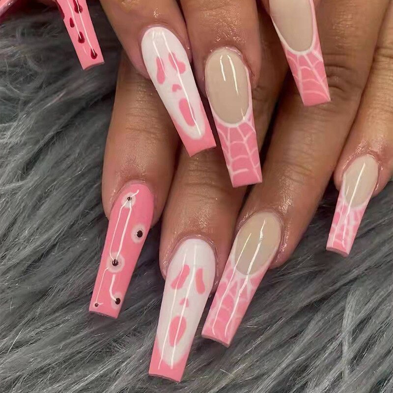 24Pcs Extra Long Ballet False Nails with Rhinestone Acrylic Square Head Fake Nails Heart-shaped Designs Wearable Press on Nails