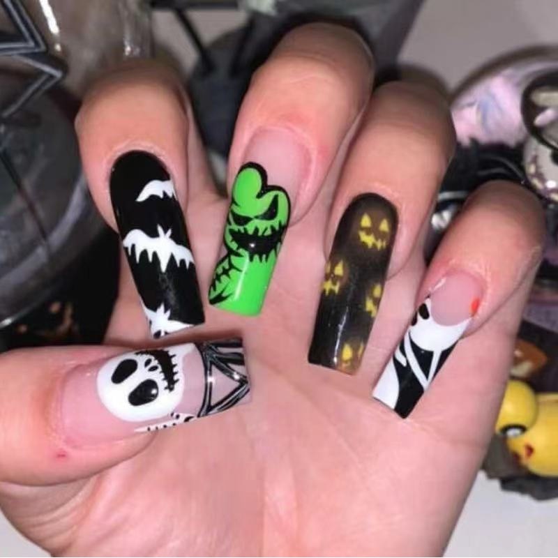 24Pcs Halloween Black Ghost Long Ballet False Nails With Heart Blood Design Halloween Press On Nails Detachable Full Cover Nails