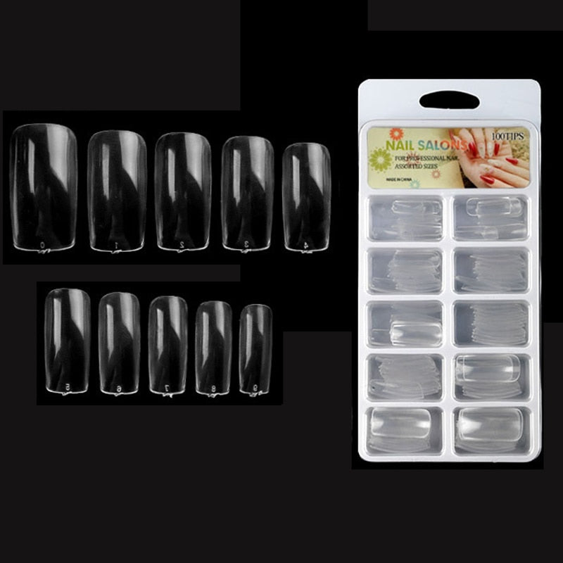 100pcs/box Clear Transparent Seamless Fake Nails Full Coverage False Nails Tips Short T-shaped Water Drop Full Sticker For Nails