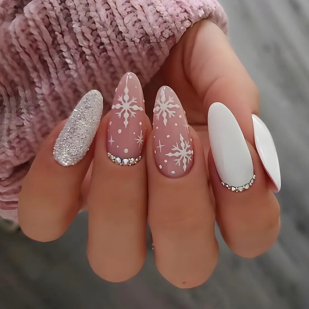 24Pcs Pink Round Head Almond Fake Nails with Heart Shape Rhinestone Wearable Ballerina False Nail Tips Full Cover Press on Nail