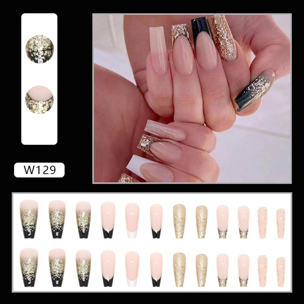 24Pcs Long Coffin False Nails Gold Glitter Sequins Designs Press On Full Cover Fake Nails Tips Wearable Manicure Art