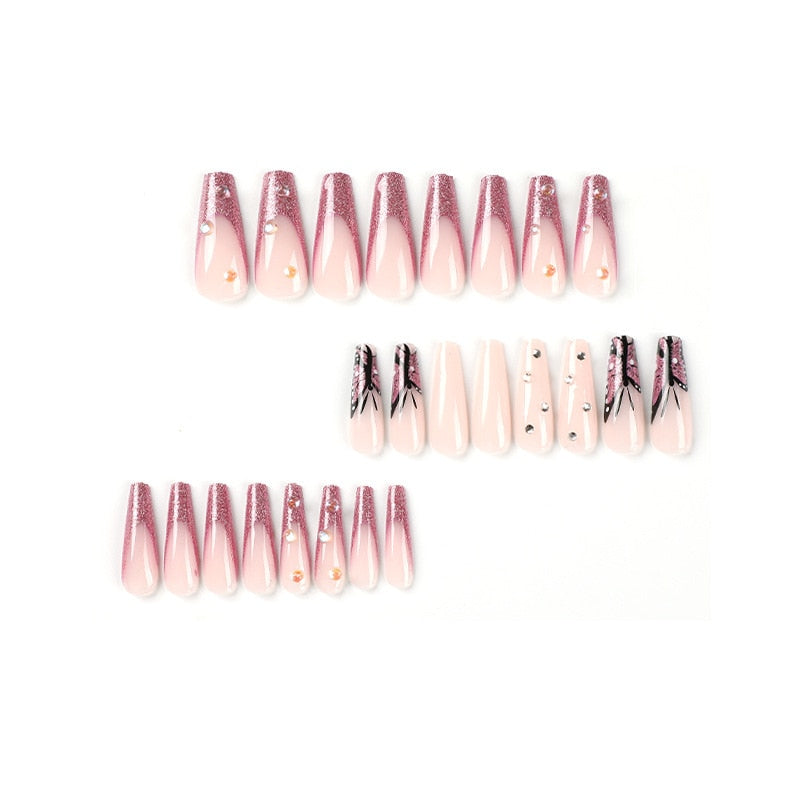 24pcs European Long Coffin Press On Nails Diamond Decor French False Nails Artificial Nails Patch