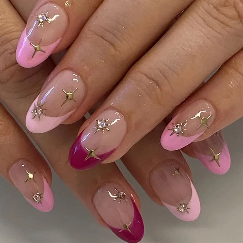 24Pcs Pink Round Head Almond Fake Nails with Heart Shape Rhinestone Wearable Ballerina False Nail Tips Full Cover Press on Nail