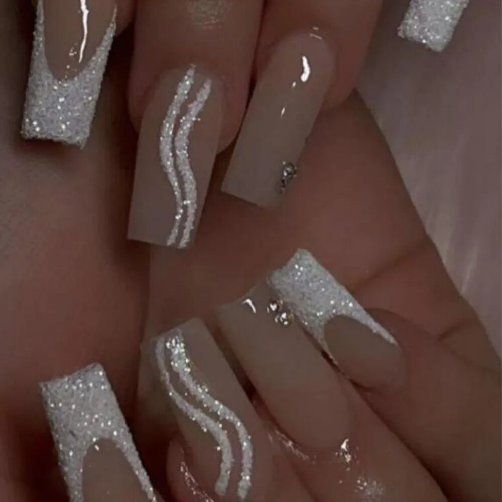 24Pcs Long Coffin White French False Nails Ballerina with Rhinestones Wearable Fake Nails Art Full Cover Press On Nails Tips