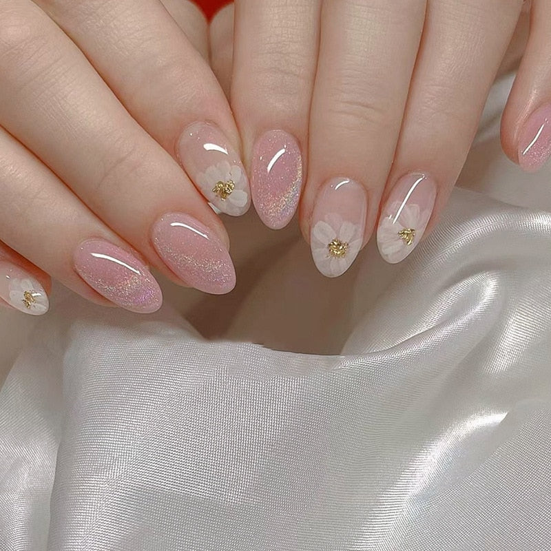 24Pcs Detachable Almond False Nails with Pearl Decoration Elegant Designs French Fake Nails Full Nail Art Tips Press On Nails