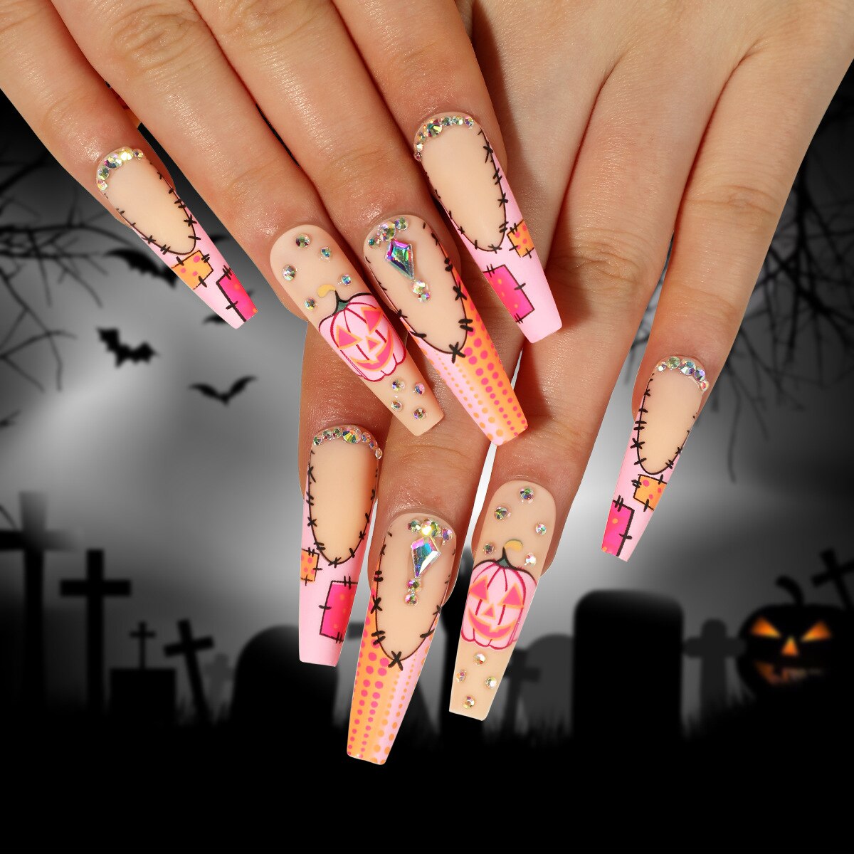 24Pcs Halloween False Nails Long Ballet Fake Nails with Ghost Cobweb Design Pink French Coffin Full Cover Press on Nail Tips