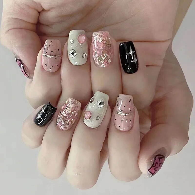 24pcs Wearable korean press on nails short ballet Artificial Nails with glue Cute sweet cool Pearl diamond Designs Fake Nails