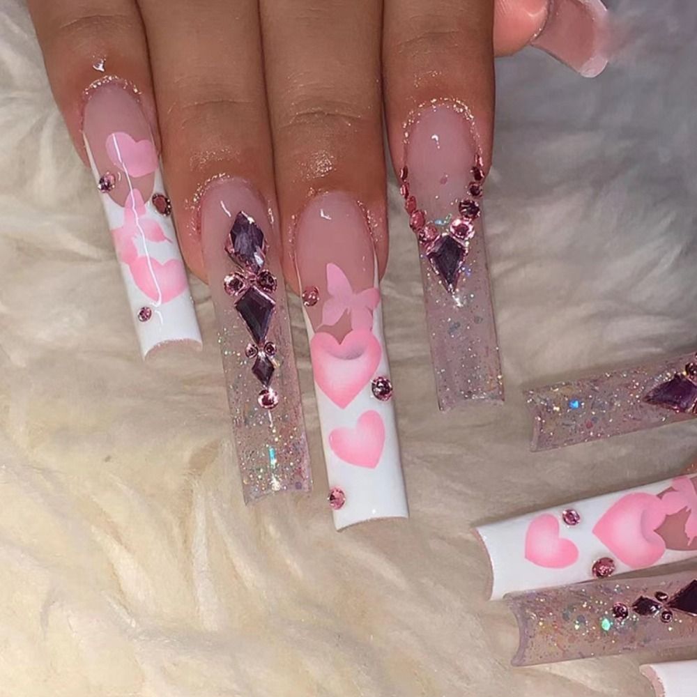 Press On Nails Long Blue Heart Coffin False Nails Star Shiny Pattern Design Ballerina Fake Nails Manicure Full Cover Nail Tips