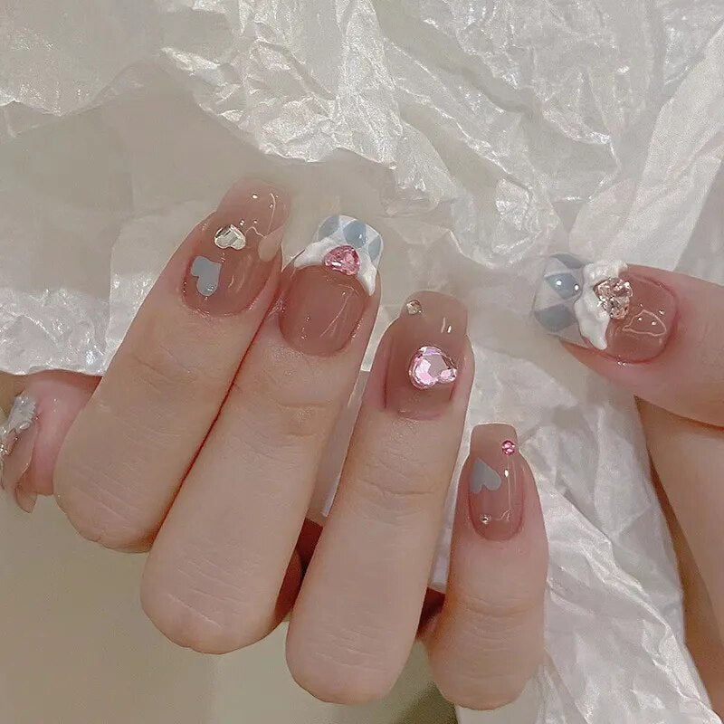 24pcs Wearable korean press on nails short ballet Artificial Nails with glue Cute sweet cool Pearl diamond Designs Fake Nails