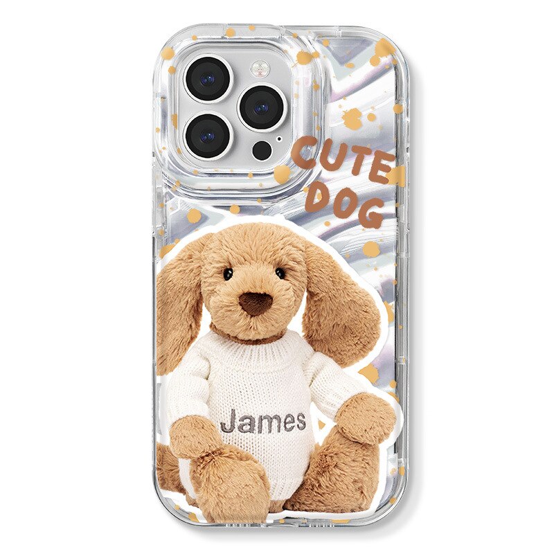 Kawaii Plush puppy doll mirror card transparent Phone Case For iPhone 14 13 12 11 Pro Max Xr Xs 7 8 14 Plus Case Cute Soft Cover