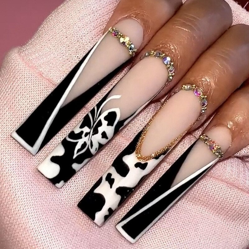 24Pcs Leopard Design False Nails Long Coffin Fake Nails with Rhinestone Wearable Ballet Press on Nails Full Cover Nail Tips