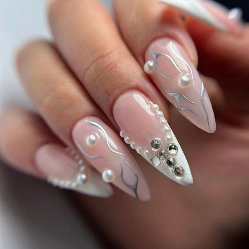 24Pcs Detachable Almond False Nails with Pearl Decoration Elegant Designs French Fake Nails Full Nail Art Tips Press On Nails