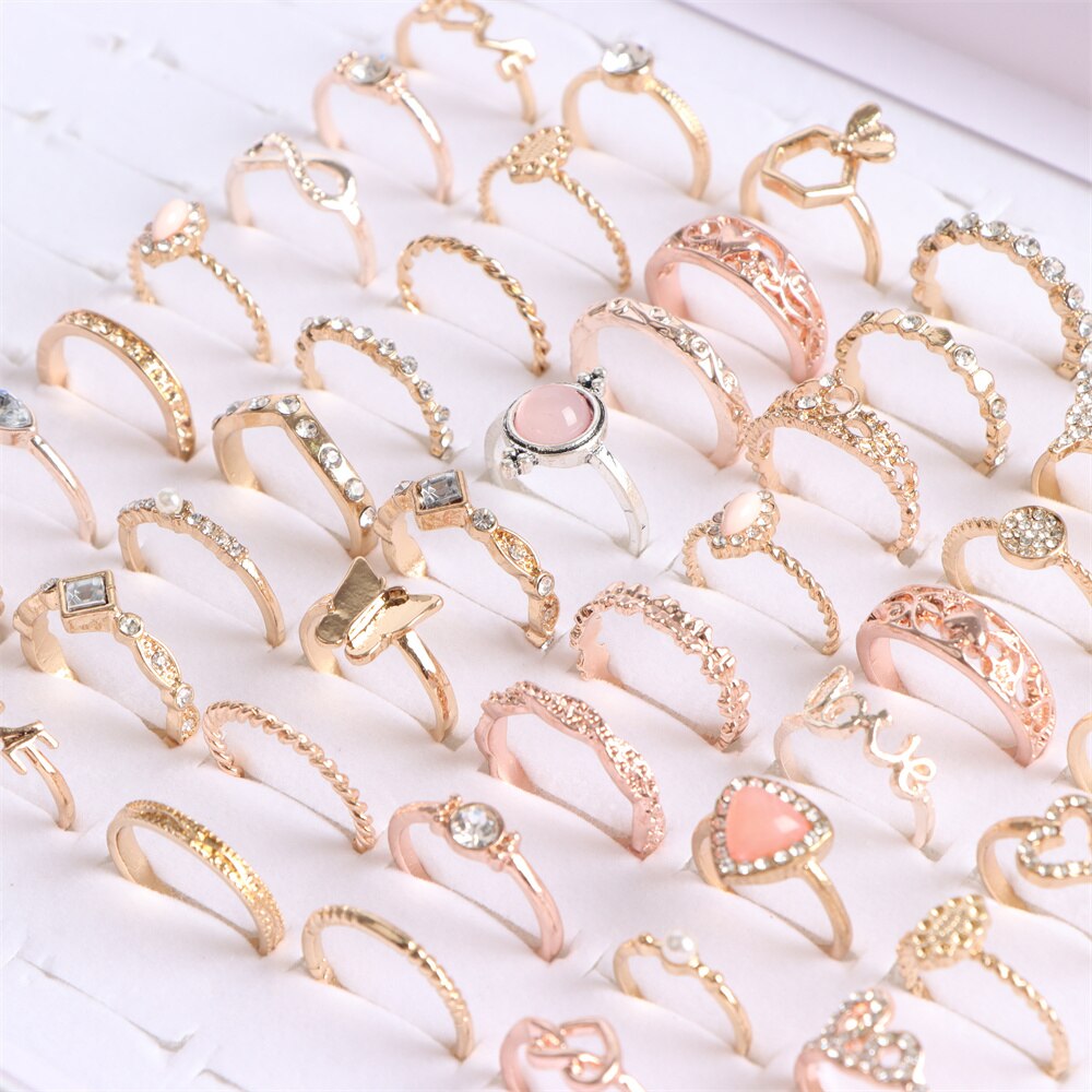 10/20/30/50Pcs/lot Fashion Sparkling Rhinestone Crystal Rings For Women Mix Style Gold Silver Plated Jewelry