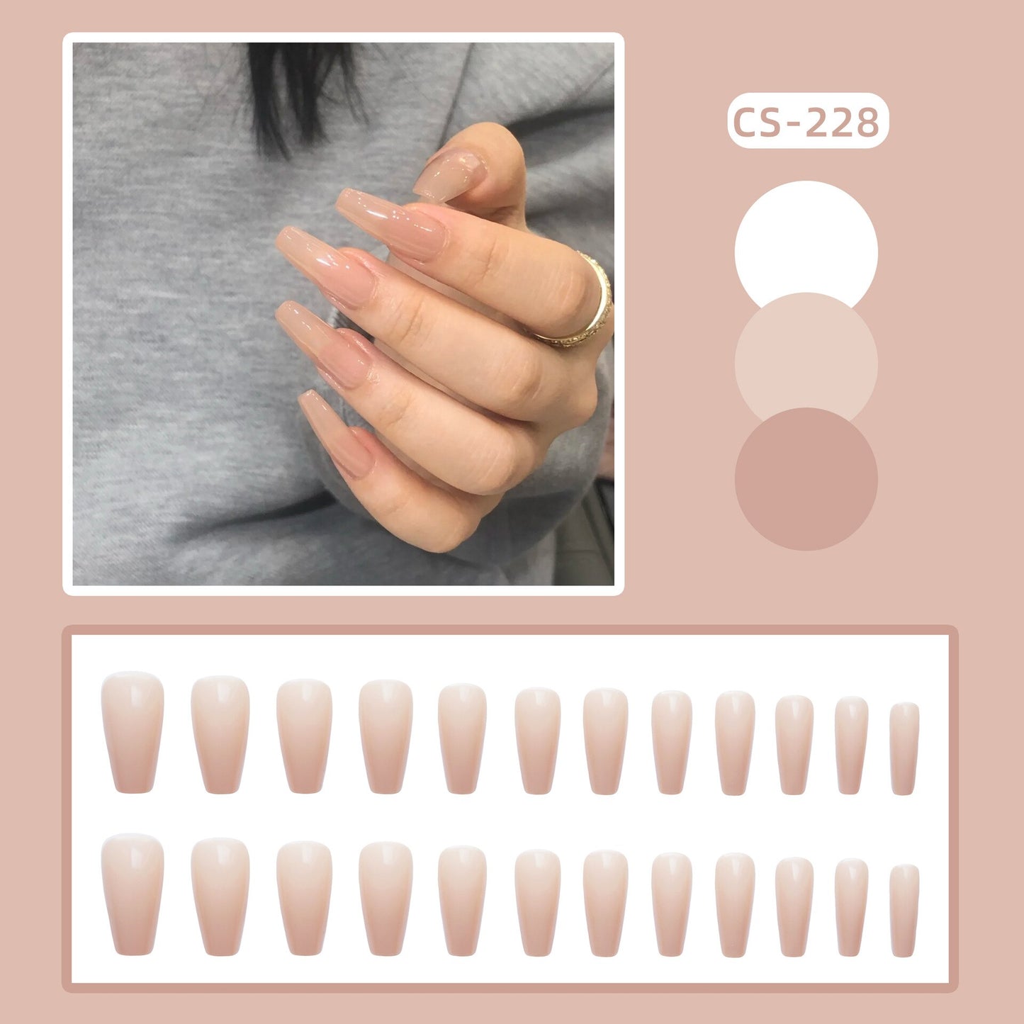 24PCS Khaki Nude Press On False Nails Tips Long Ballerina Pure Color Acrylic Fake Nails Coffin Full Cover Nail With Glue Designs