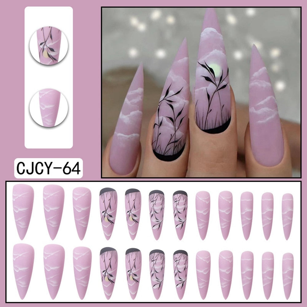 24pcs Long Stiletto False Nails Flower Tree Wearable French Fake Nails Press On Nails Leopard print Design Manicure Tips