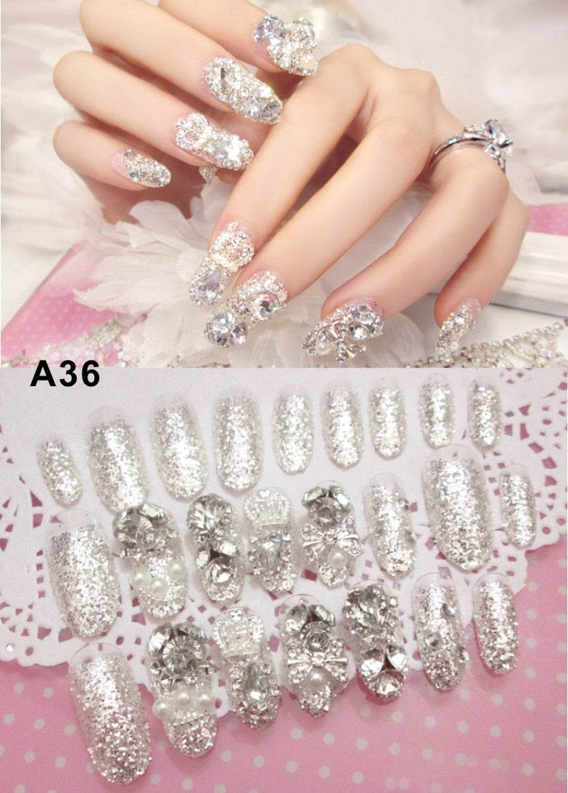 24Pcs/box Luxe Shining Rhinestone Wedding False Nails Transparent Glitter Gems Crown Designed Square Full Short nails Bride