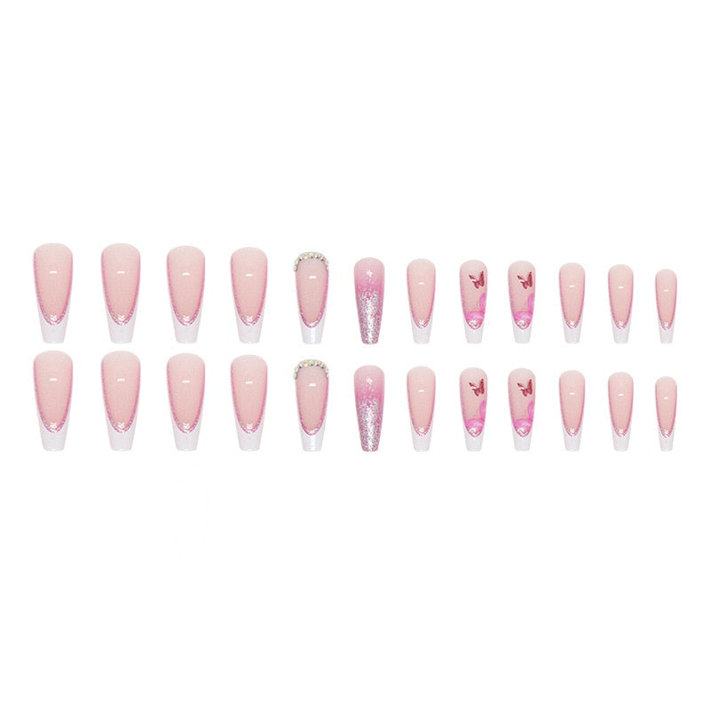 Detachable Manicure Wearable Nail Art Press On Nails Pink Glitter Diamond False Nails Long Coffin Fake Nails Full Cover Tips