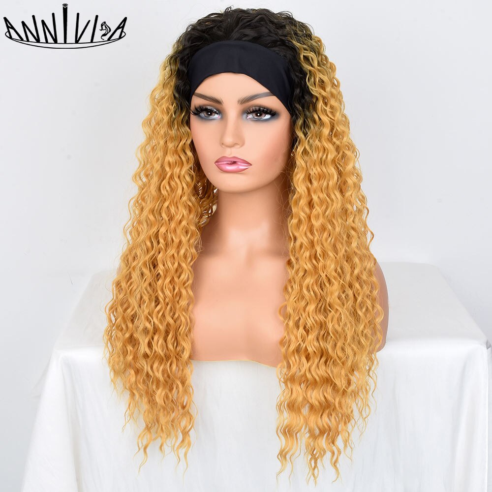 Long Curly Headband Wigs For Black Women 26Inch Water Wave Glueless Synthetic Hair Wigs For Daily Party Use