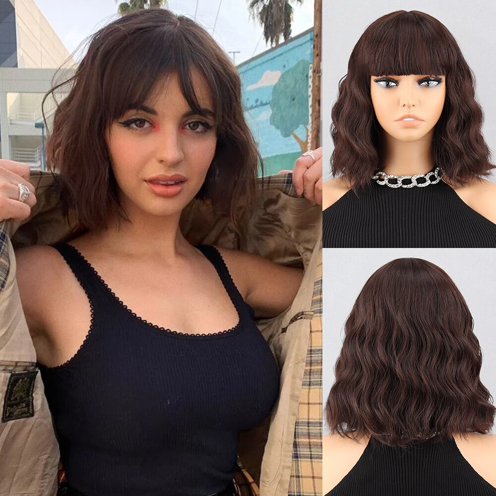 Short Bob Brown Dark Blue Synthetic Wig Women's Bangs Dark Blue Pink Black Wig Lolita Party Cosplay Everyday Use Natural Hair