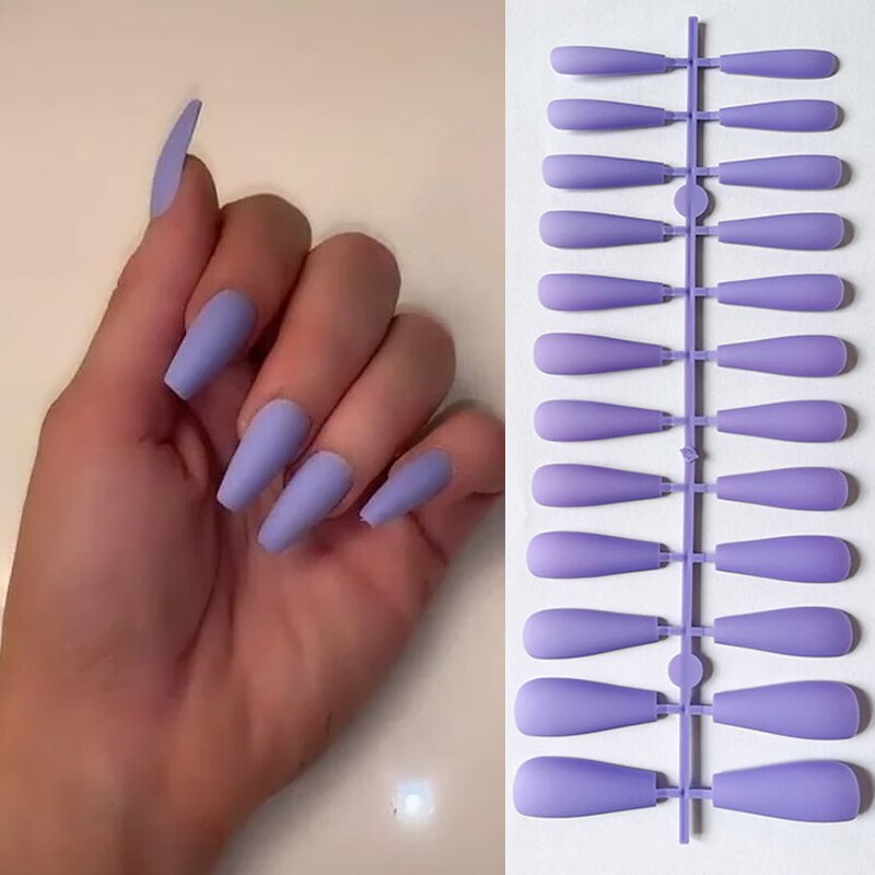 24Pcs/Sheet Matte Fake Nails Full Cover Ballet Fake Nail Elegant Solid Color Long Coffin False Nails Art Artificial Fingernails