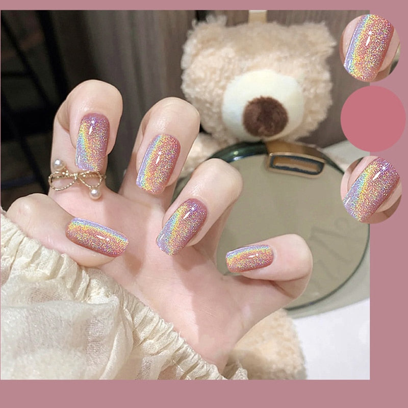 Cat Eye Press On Nails Shiny Rainbow Fake Nail Sweet Style Full Finished Nail Piece Shiny Rainbow Fake Nail Wearable for Girl