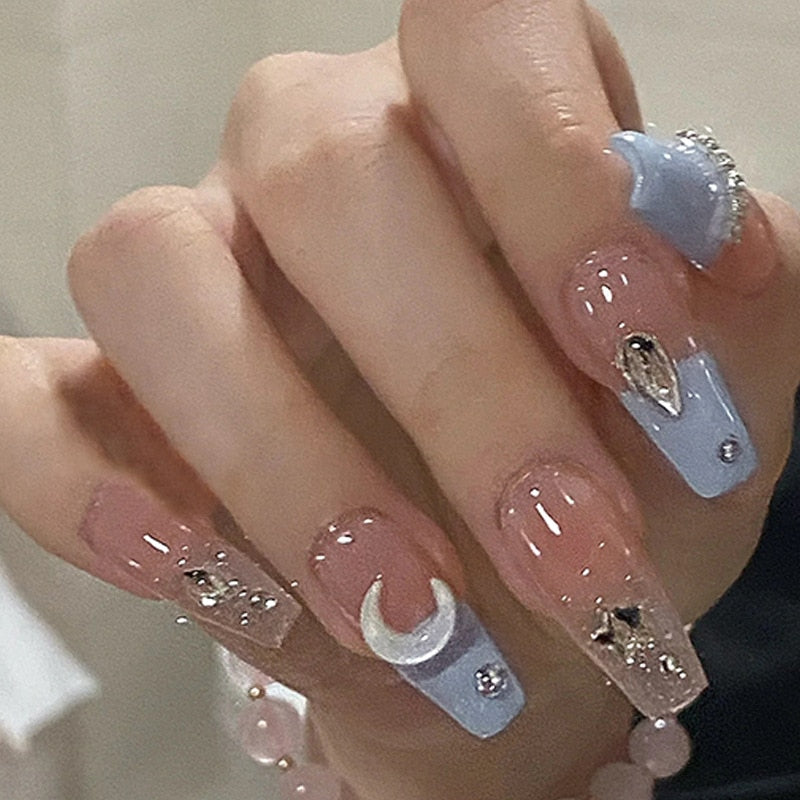 24pcs Wearable korean press on nails short ballet Artificial Nails with glue Cute sweet cool Pearl diamond Designs Fake Nails