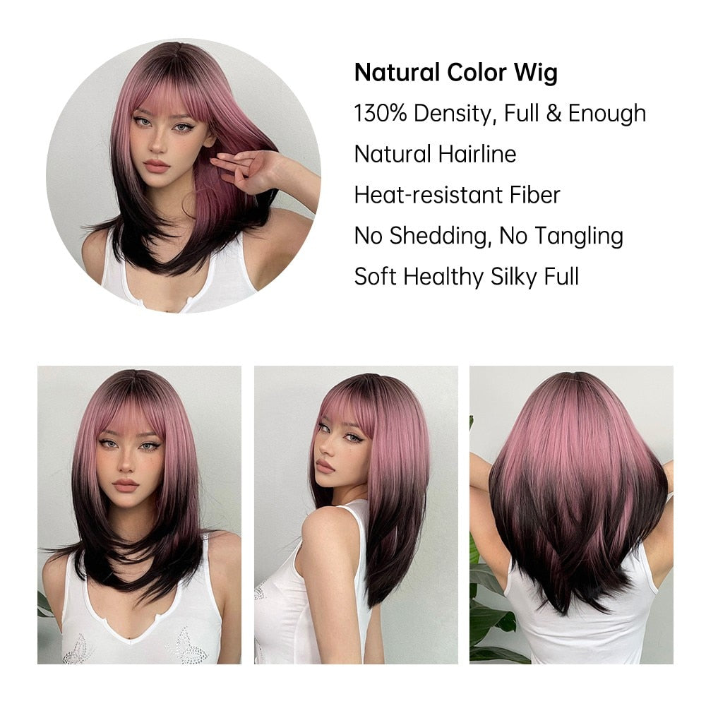 Black Pink Ombre Synthetic Wigs for Cosplay Long Straight Layered Wigs with Bangs for Women Heat Resistant Fake Hair