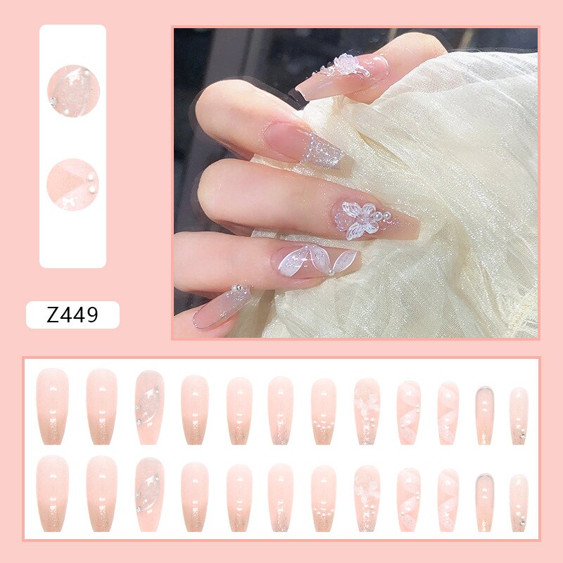 24pc Nude Fake Nails With Design Pearl crystal butterfly full cover white ribbon false nails with glue artificial press on nails