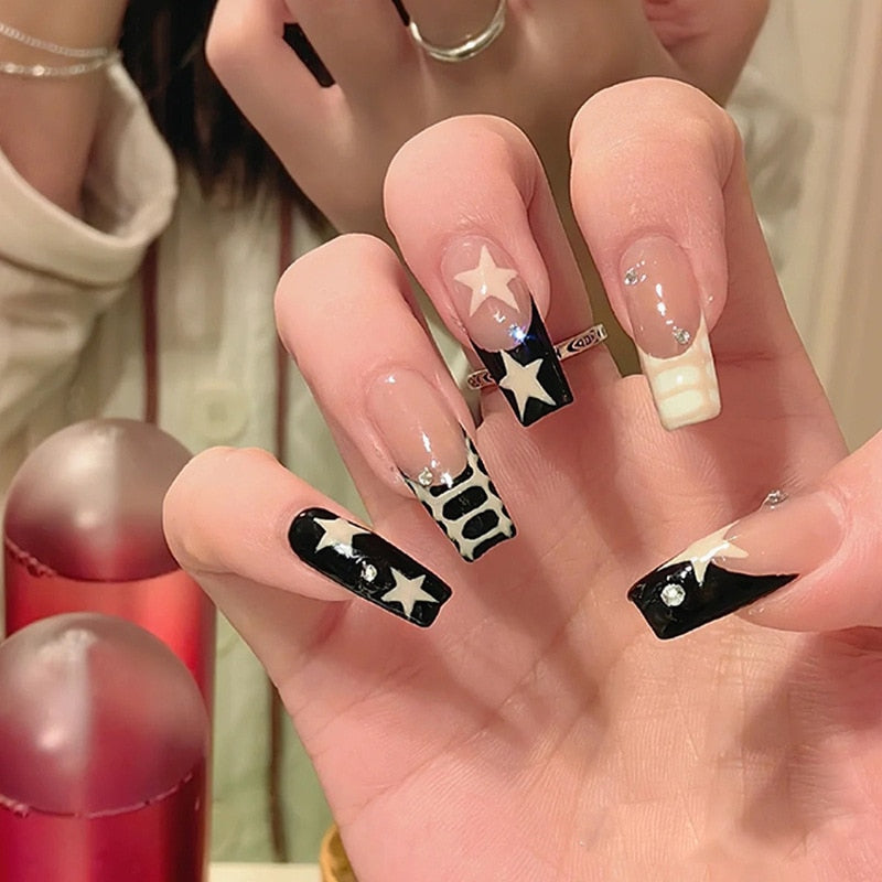 24pcs/box gradient French artifical nails with glue shiny star Fake Nails Lovely Girl korean press on nails ballerina False Nail