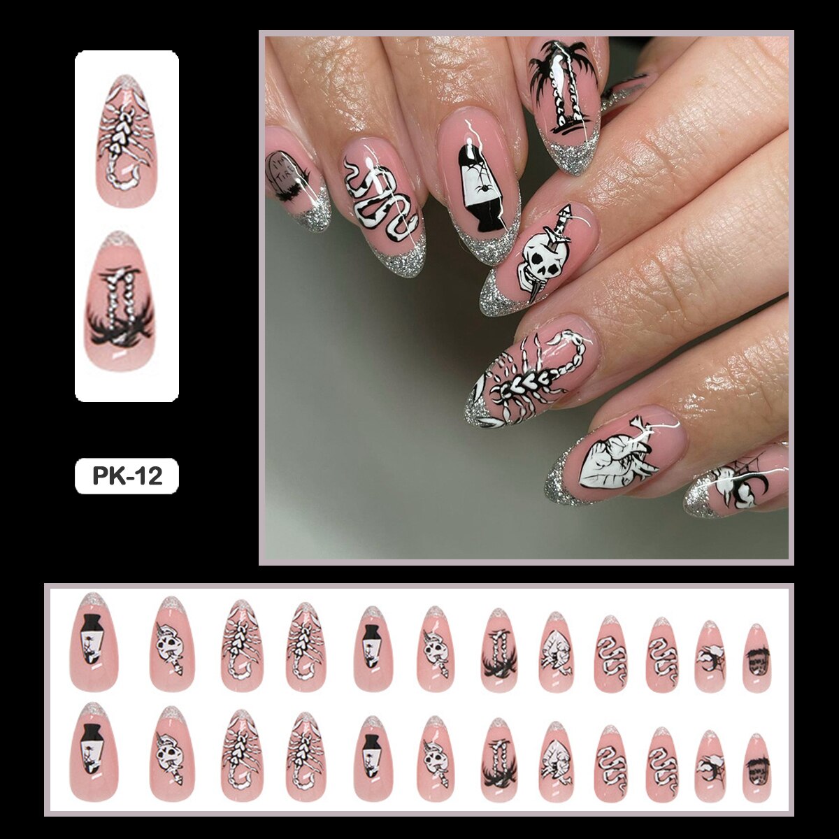 24PCS Dark Punk False Nails with Glue Gradient Long Detachable Fire Stick on Nails Skull Flame  Art DIY Fashion Manicure Tool