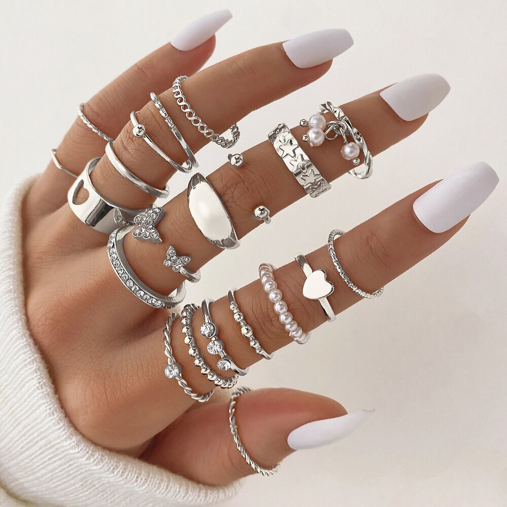 23pcs Hiphop Gold Color Geometric Wheat Rings Set For Women Girls Punk Star Moon Eye Wave Finger Rings Jewelry Party