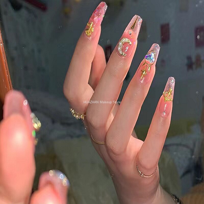 Handmade Pink Glittery Y2K Fake Nail With Glue Detachable Luxury False Nails Tips Reusable Press On Nails Coffin Manicure Art