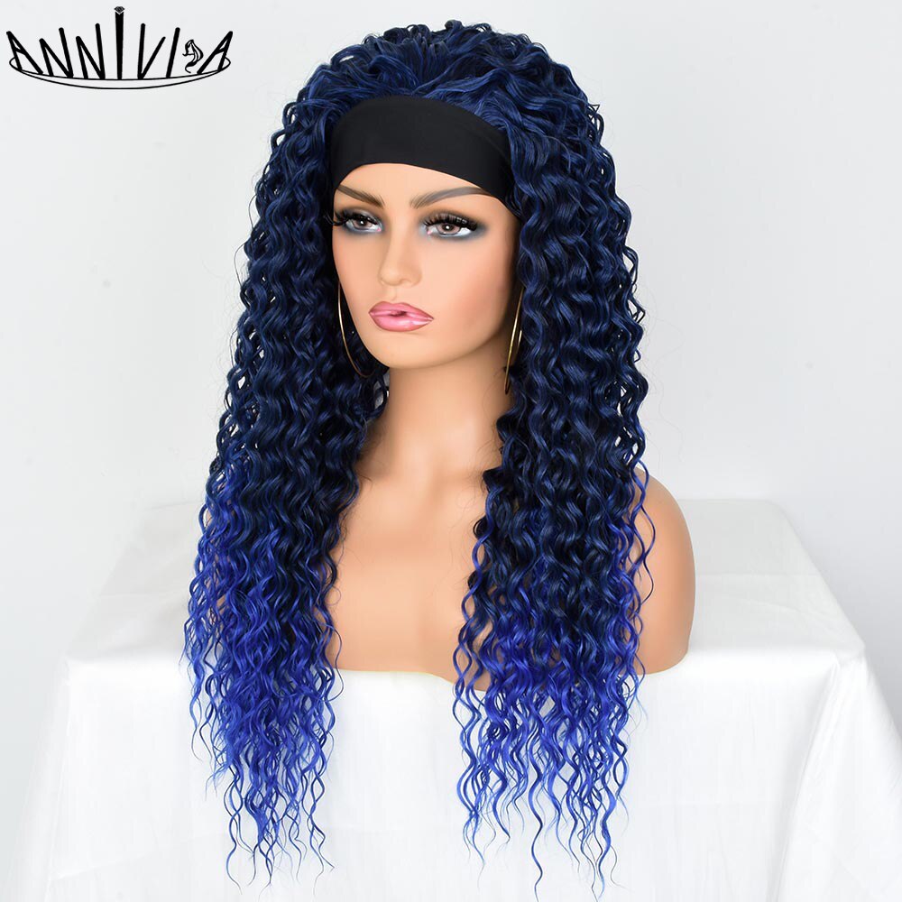 Long Curly Headband Wigs For Black Women 26Inch Water Wave Glueless Synthetic Hair Wigs For Daily Party Use