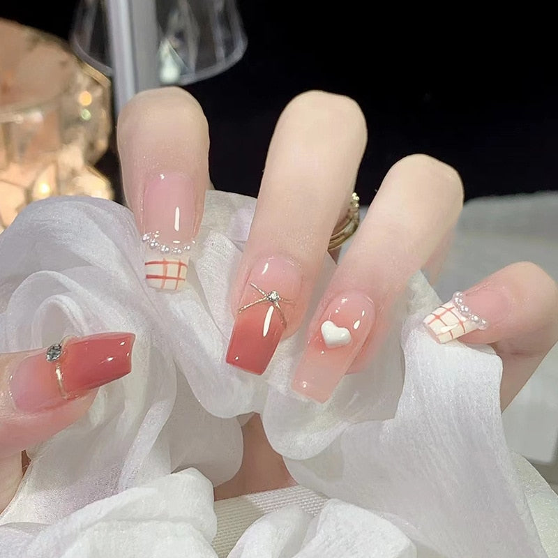 24pcs Bridal Nail Art tips with design press on nails long false nails glue coffin nail tips Rhinestones Glitter stick on nails