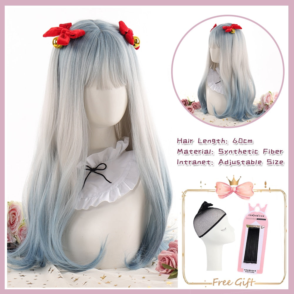 Cosplay Purple Blue High Gloss Bangs Synthetic Long Curly Hair Wig Lolita Women Heat-resistant Wig