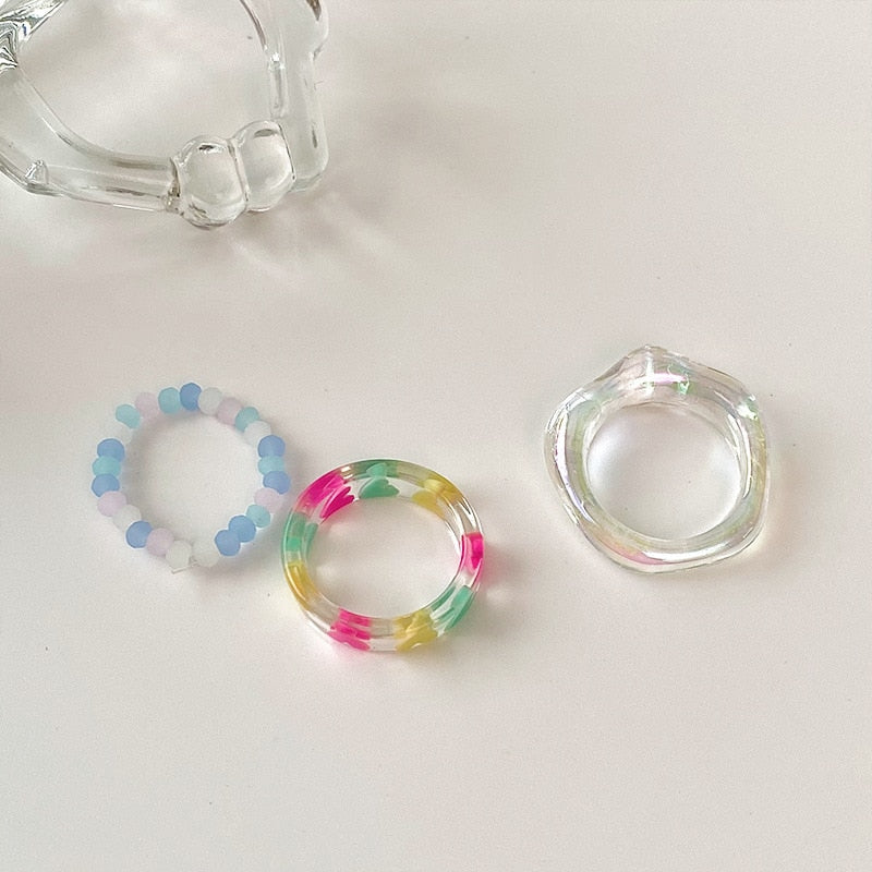 Colorful Transparent Resin Acrylic Crystal Rhinestone Simple Geometric Square Round Rings Set Jewelry