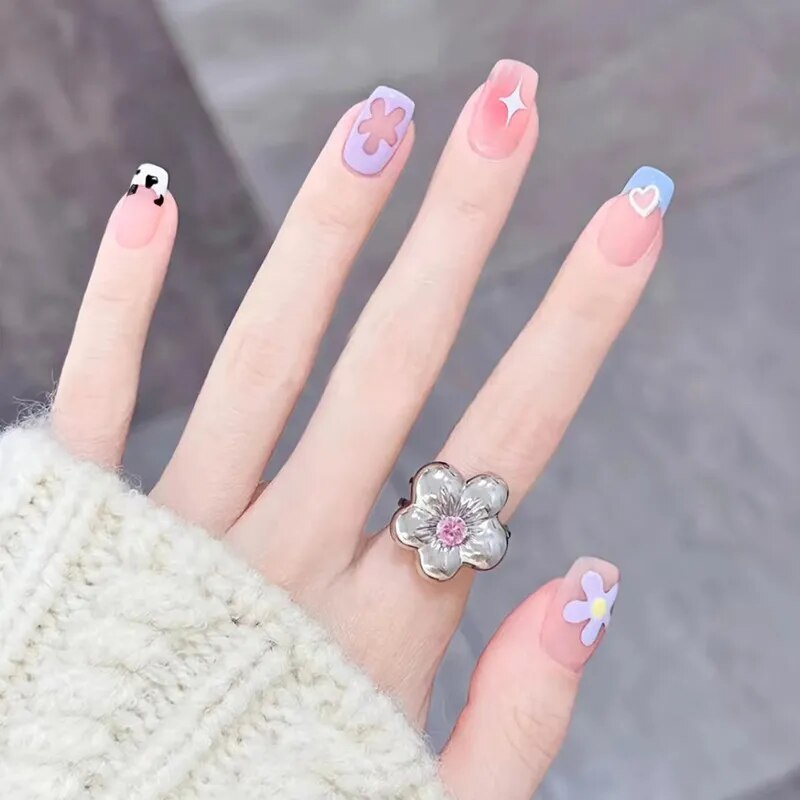 24pcs Wearable korean press on nails short ballet Artificial Nails with glue Cute sweet cool Pearl diamond Designs Fake Nails