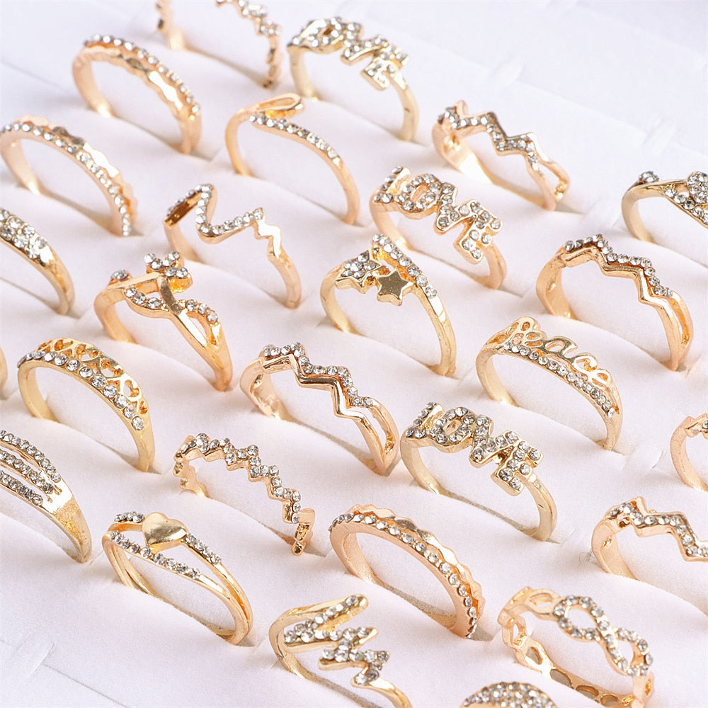 10Pcs/Lot Fashion Heart Love Micro-inlaid Colorful Crystal Finger Ring Jewelry For Women Mix Style Wedding Engagement Party