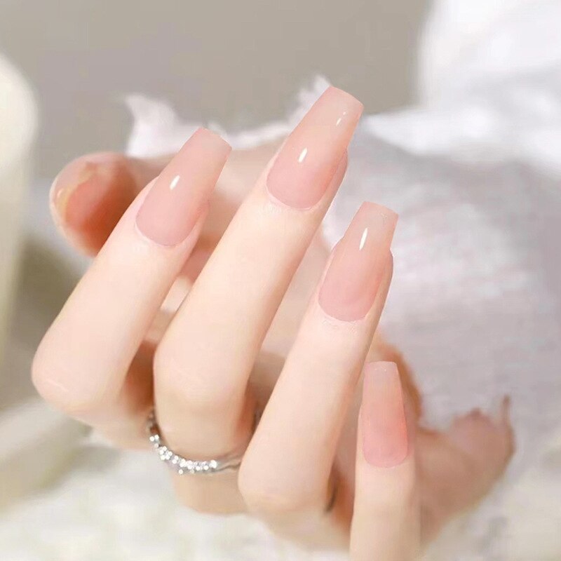 24pcs/Box Long Coffin False Nails Art Rose with Glue Wearable Nude Pink White Color Jelly Nails Tips Full Cover Press On Nails