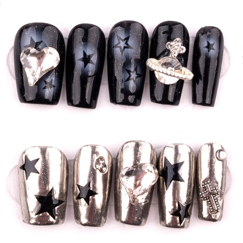 Gothic Dark Gyaru Girls y2k Manual Press on Nails Reusable Metal Craft Armor Detachable Long Nails With Glue Handmade Manicure