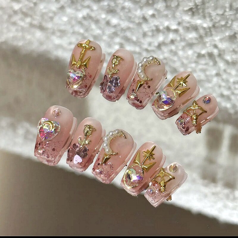 Handmade Luxury Short False Nails Art Glittery Rhinestone Press On Nail Y2K Reusable Full Cover Long Coffin Fake Nail With Glue