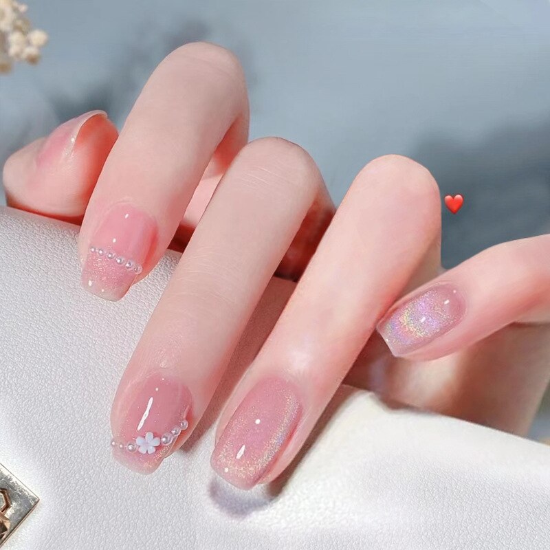 24Pcs/Box Cherry False Nails Pink with Glue Short Ballerina Wearable Fake Nails Acrylic Art Full Cover Press on Nails Tips